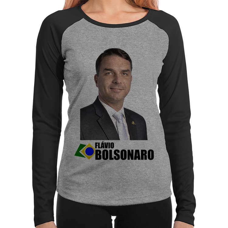 Baby Look Raglan Flávio Bolsonaro Manga Longa - Cinza/Preto