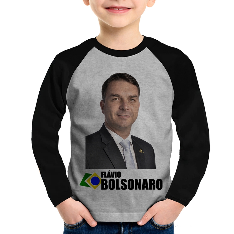 Camiseta Raglan Infantil Flávio Bolsonaro Manga Longa - Cinza/Preto