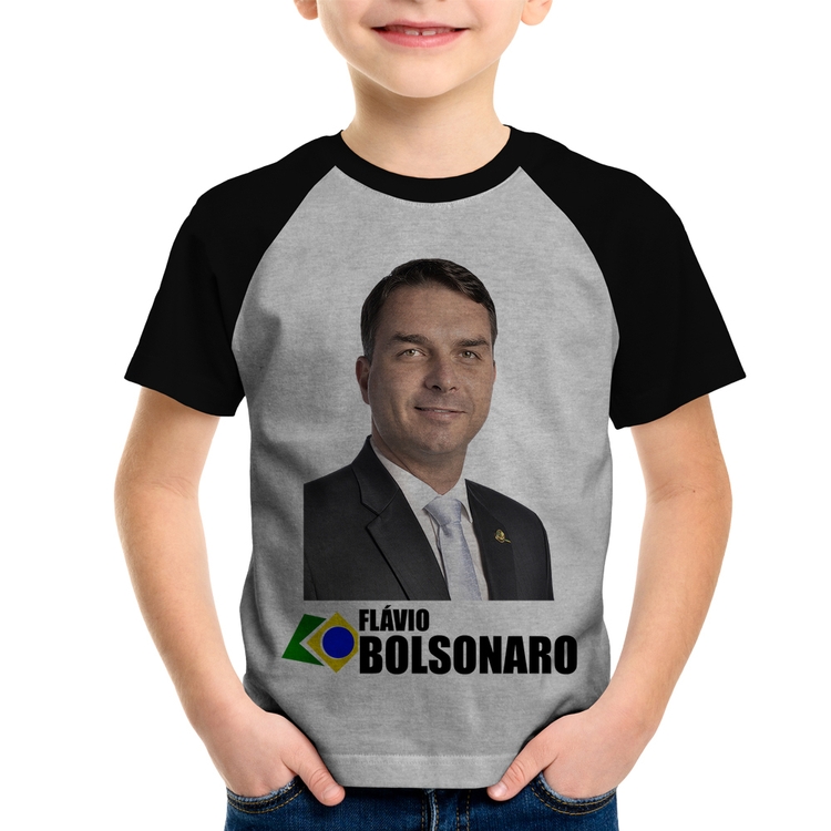 Camiseta Raglan Infantil Flávio Bolsonaro - Cinza/Preto