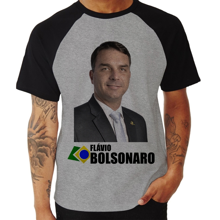 Camiseta Raglan Flávio Bolsonaro - Cinza/Preto