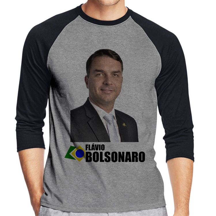 Camiseta Raglan Flávio Bolsonaro Manga 3/4 - Cinza/Preto