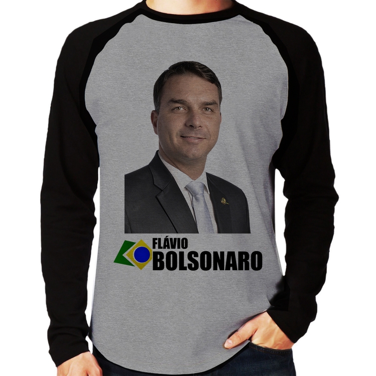 Camiseta Raglan Flávio Bolsonaro Manga Longa - Cinza/Preto