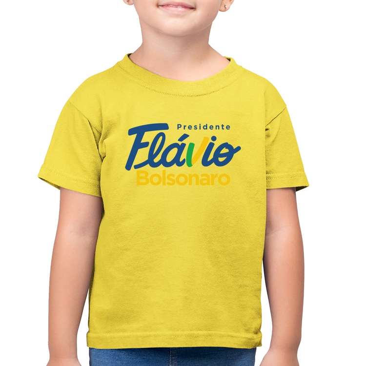 Camiseta Algodão Infantil Flávio Bolsonaro Presidente 2026 PL 22 - Amarelo Canário