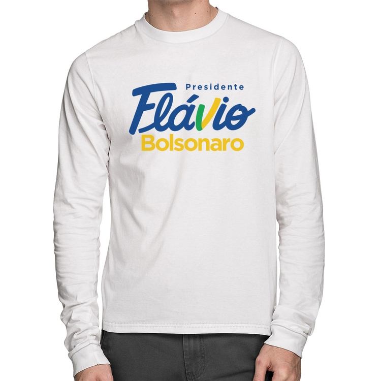 Camiseta Algodão Flávio Bolsonaro Presidente 2026 PL 22 Manga Longa - Branca