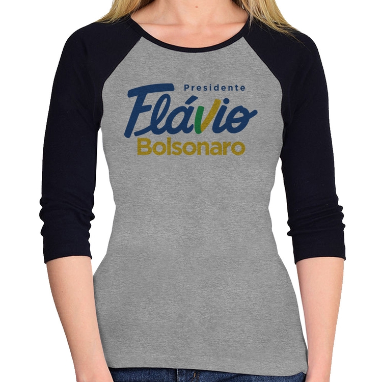 Baby Look Raglan Flávio Bolsonaro Presidente 2026 PL 22 Manga 3/4 - Cinza/Preto