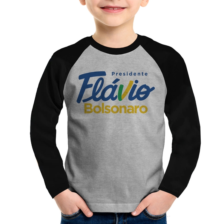 Camiseta Raglan Infantil Flávio Bolsonaro Presidente 2026 PL 22 Manga Longa - Cinza/Preto