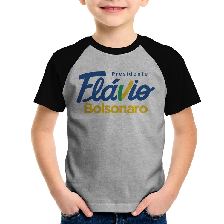 Camiseta Raglan Infantil Flávio Bolsonaro Presidente 2026 PL 22 - Cinza/Preto