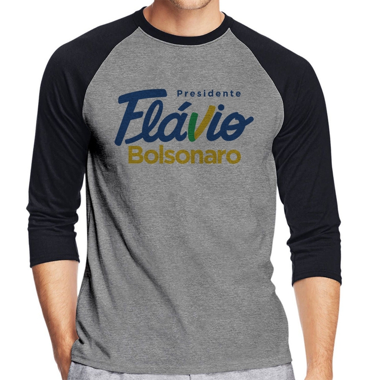 Camiseta Raglan Flávio Bolsonaro Presidente 2026 PL 22 Manga 3/4 - Cinza/Preto