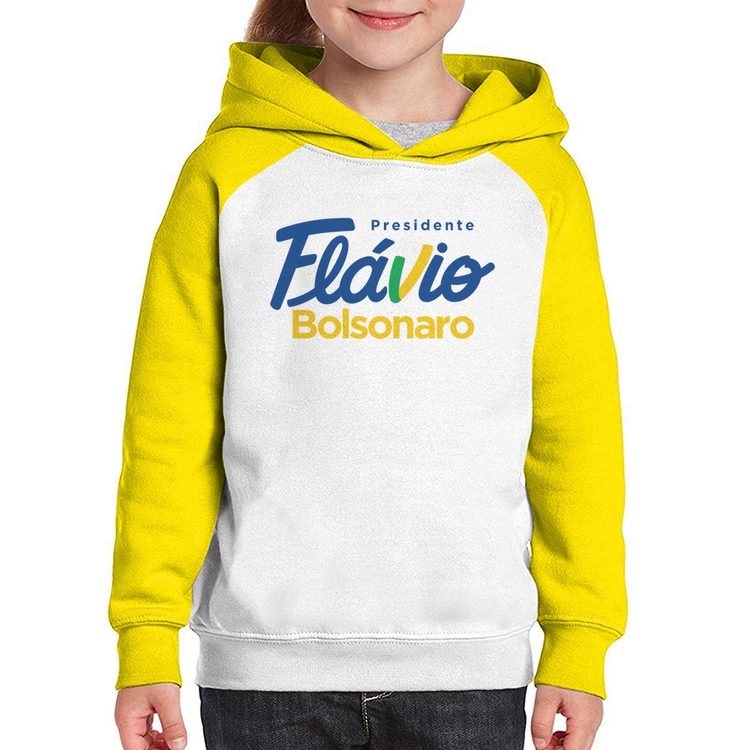Moletom Infantil Flávio Bolsonaro Presidente 2026 PL 22 - Branco/Amarelo