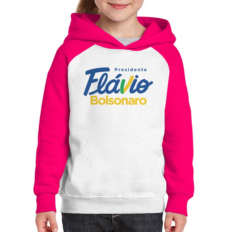 Moletom Infantil Flávio Bolsonaro Presidente 2026 PL 22 - Branco/Rosa