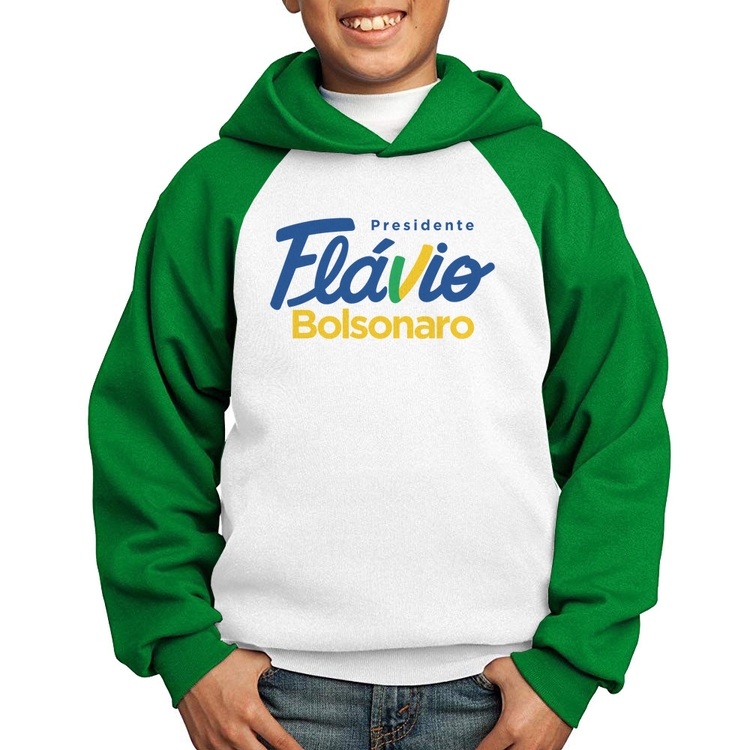 Moletom Infantil Flávio Bolsonaro Presidente 2026 PL 22 - Branco/Verde