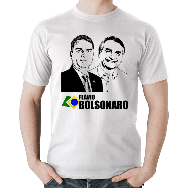 Camiseta Algodão Flávio e Jair Bolsonaro 2026 - Branca