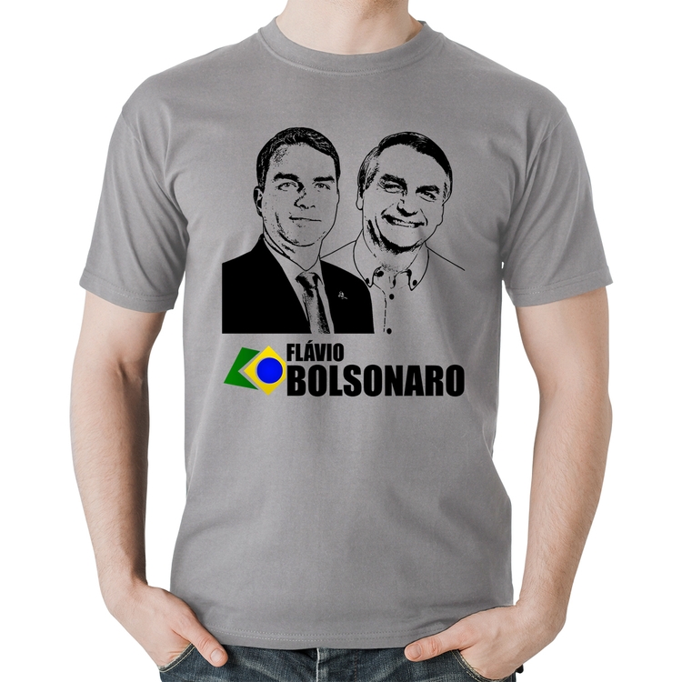 Camiseta Algodão Flávio e Jair Bolsonaro 2026 - Cinza