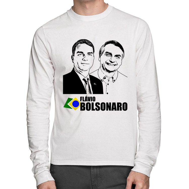 Camiseta Algodão Flávio e Jair Bolsonaro 2026 Manga Longa - Branca