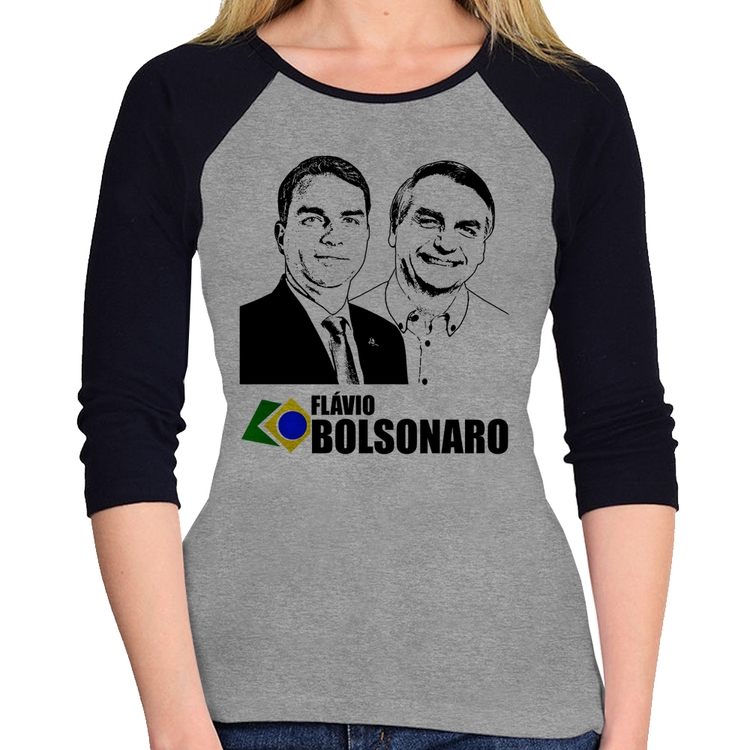 Baby Look Raglan Flávio e Jair Bolsonaro 2026 Manga 3/4 - Cinza/Preto