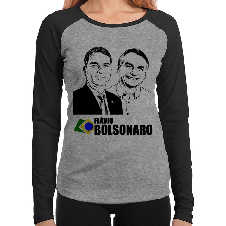 Baby Look Raglan Flávio e Jair Bolsonaro 2026 Manga Longa - Cinza/Preto