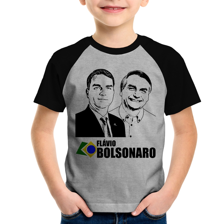 Camiseta Raglan Infantil Flávio e Jair Bolsonaro 2026 - Cinza/Preto