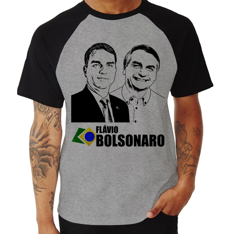 Camiseta Raglan Flávio e Jair Bolsonaro 2026 - Cinza/Preto
