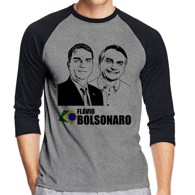 Camiseta Raglan Flávio e Jair Bolsonaro 2026 Manga 3/4 - Cinza/Preto
