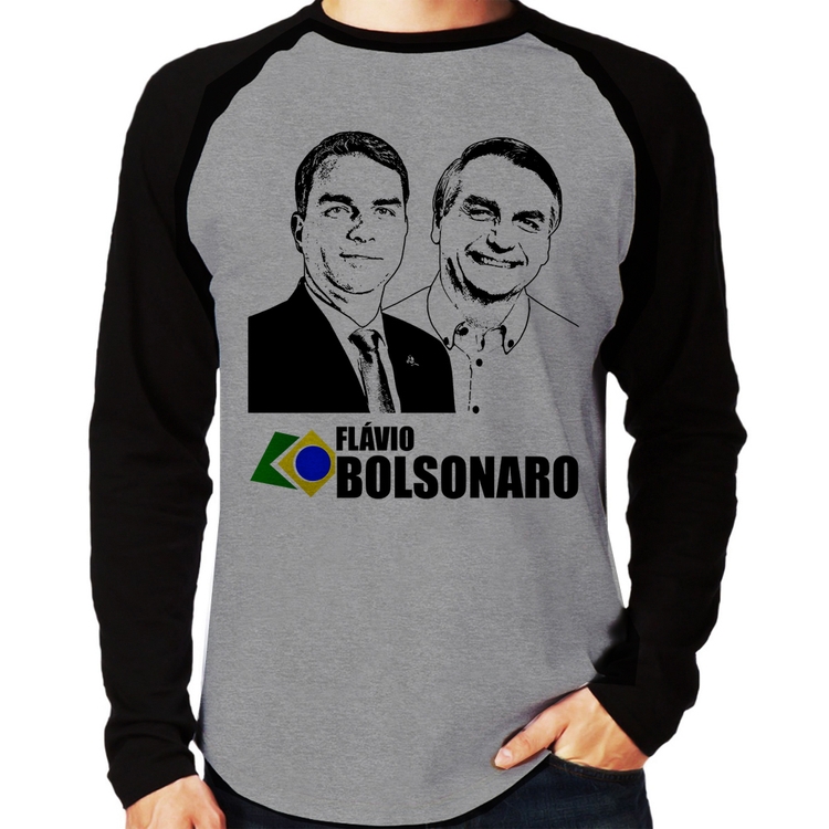 Camiseta Raglan Flávio e Jair Bolsonaro 2026 Manga Longa - Cinza/Preto