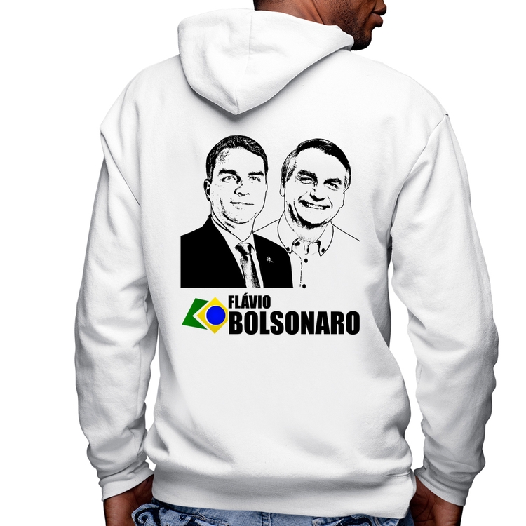 Blusa Moletom Flávio e Jair Bolsonaro 2026 Masculina com Capuz e Zíper - Branca