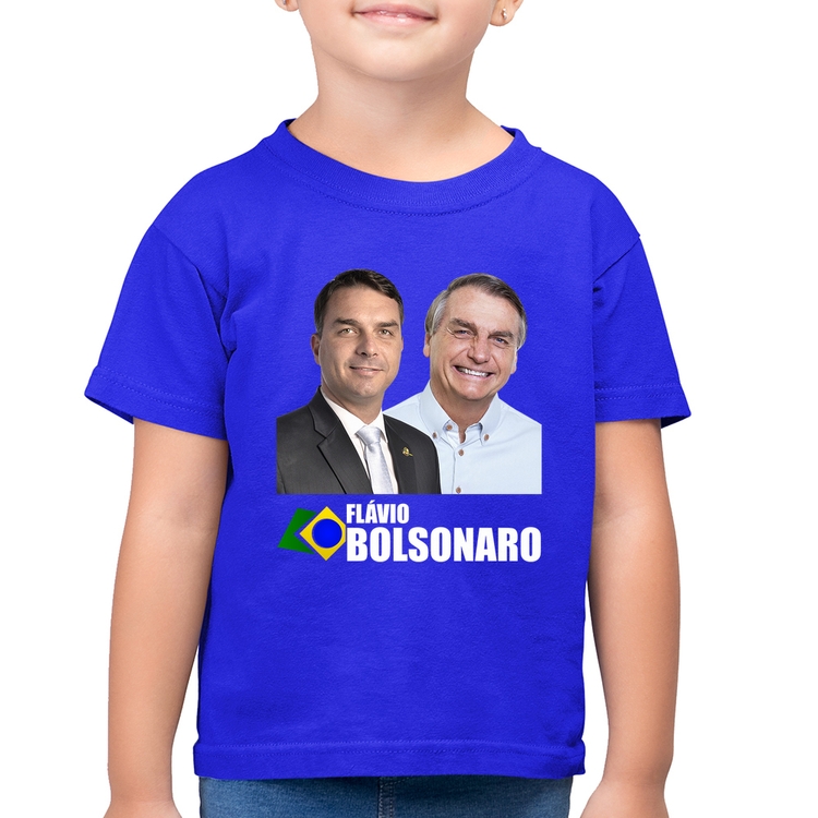 Camiseta Algodão Infantil Flávio e Jair Bolsonaro - Azul Royal