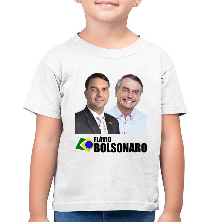 Camiseta Algodão Infantil Flávio e Jair Bolsonaro - Branca