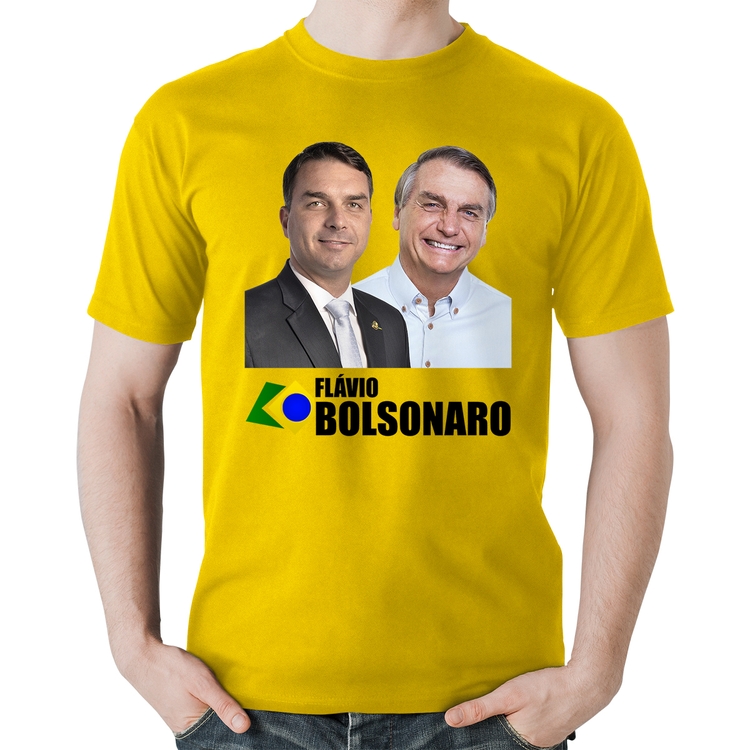 Camiseta Algodão Flávio e Jair Bolsonaro - Amarela