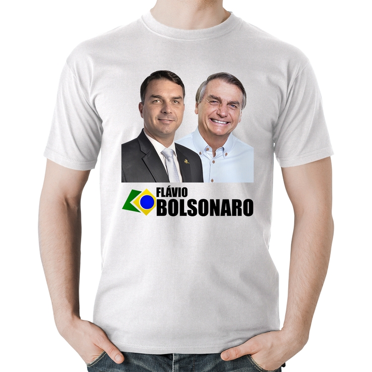 Camiseta Algodão Flávio e Jair Bolsonaro - Branca