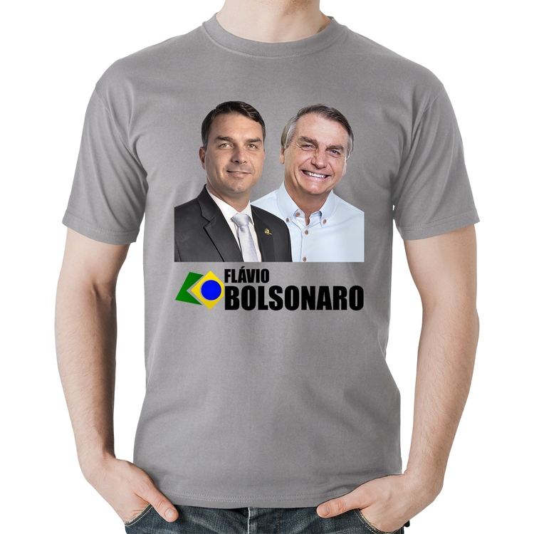 Camiseta Algodão Flávio e Jair Bolsonaro - Cinza
