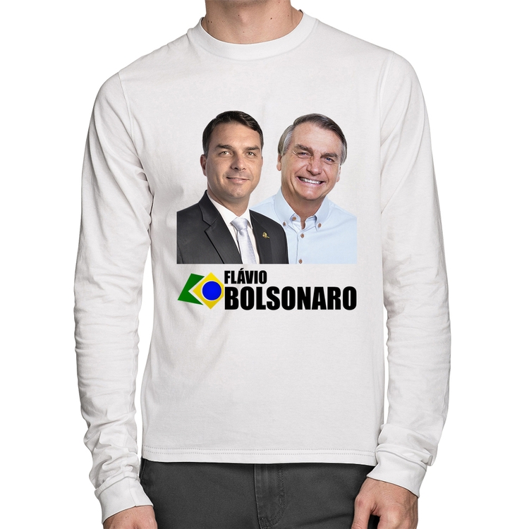 Camiseta Algodão Flávio e Jair Bolsonaro Manga Longa - Branca