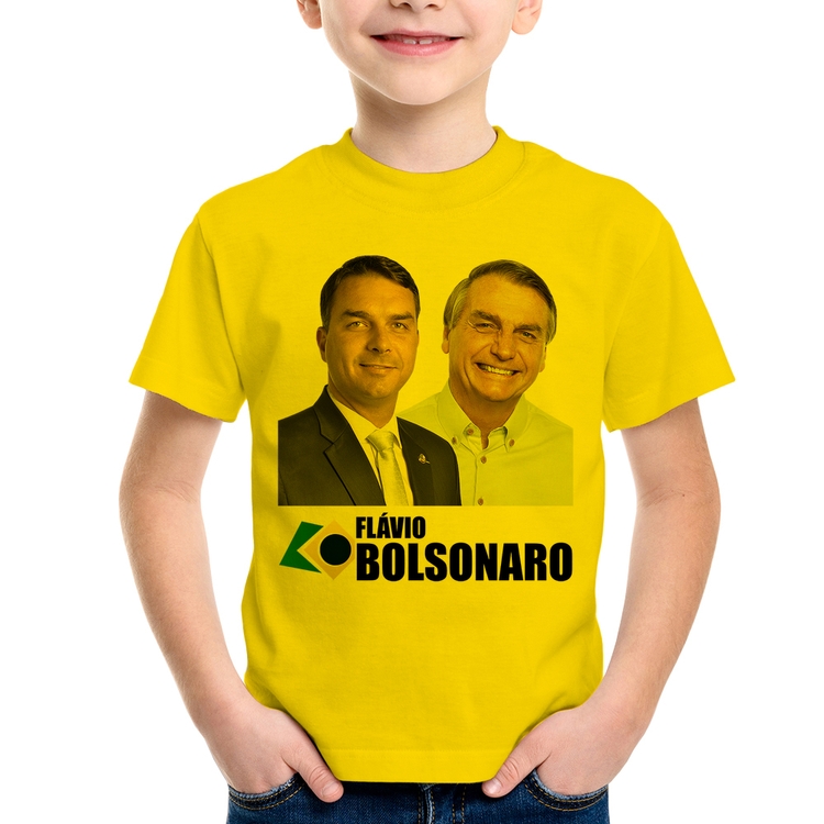 Camiseta Infantil Flávio e Jair Bolsonaro - Amarela