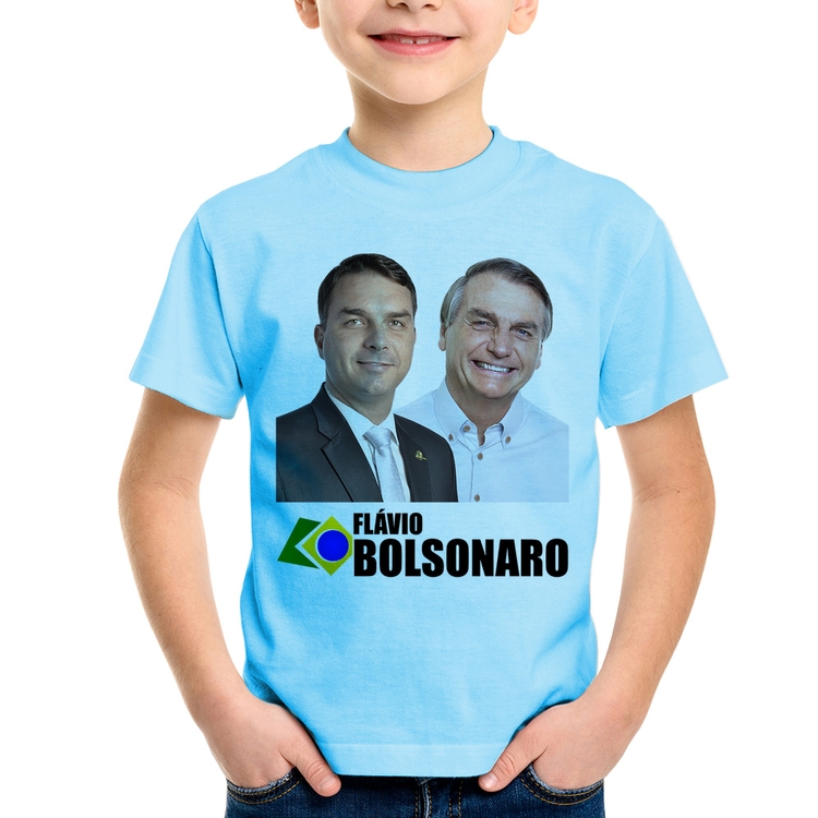 Camiseta Infantil Flávio e Jair Bolsonaro - Azul Bebê