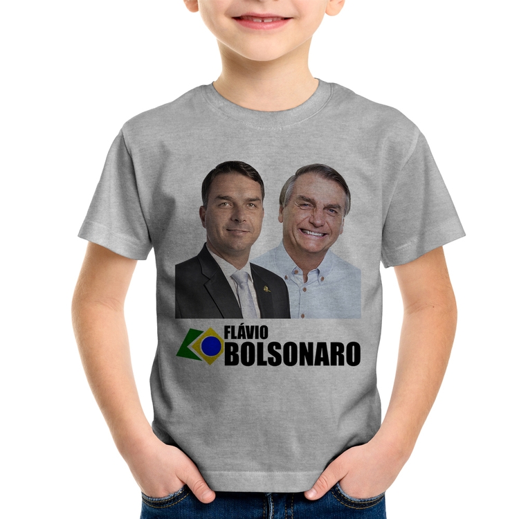 Camiseta Infantil Flávio e Jair Bolsonaro - Cinza