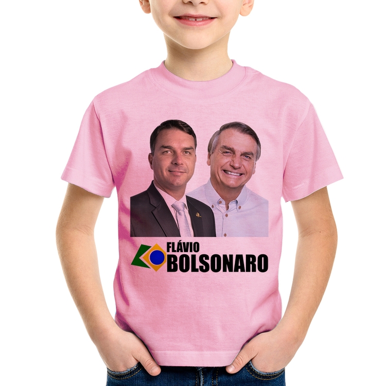 Camiseta Infantil Flávio e Jair Bolsonaro - Rosa Bebê