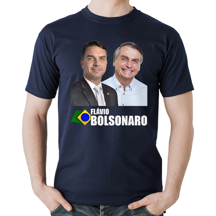 Camiseta Algodão Flávio e Jair Bolsonaro - Marinho