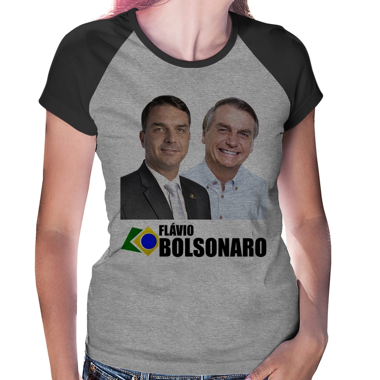 Baby Look Raglan Flávio e Jair Bolsonaro - Cinza/Preto
