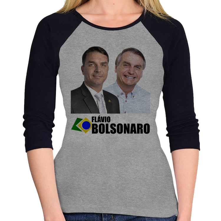 Baby Look Raglan Flávio e Jair Bolsonaro Manga 3/4 - Cinza/Preto