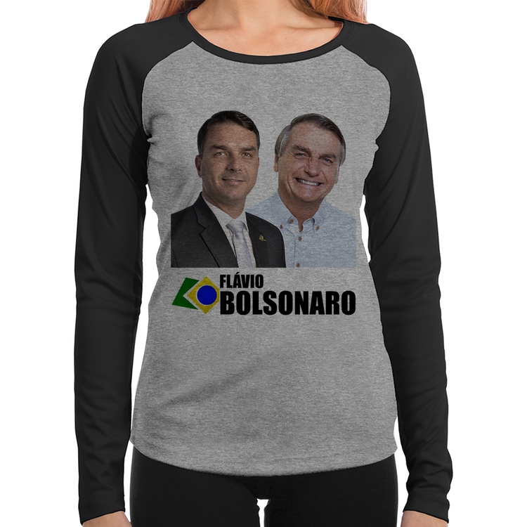 Baby Look Raglan Flávio e Jair Bolsonaro Manga Longa - Cinza/Preto