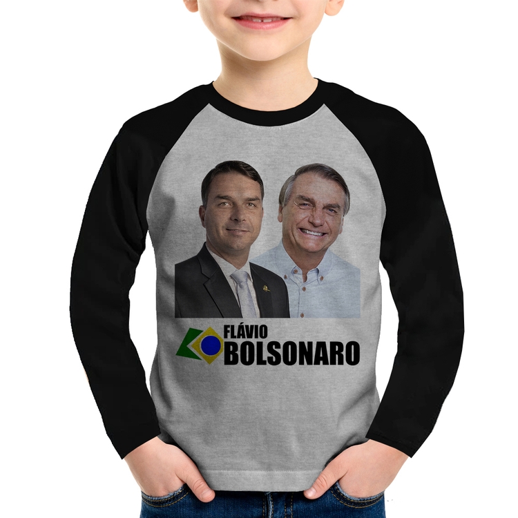 Camiseta Raglan Infantil Flávio e Jair Bolsonaro Manga Longa - Cinza/Preto