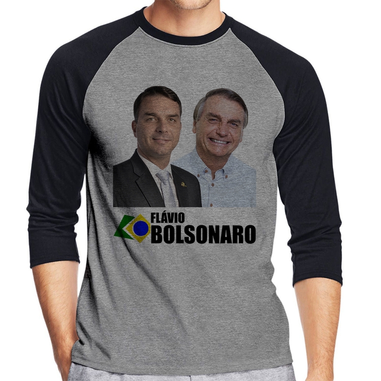 Camiseta Raglan Flávio e Jair Bolsonaro Manga 3/4 - Cinza/Preto