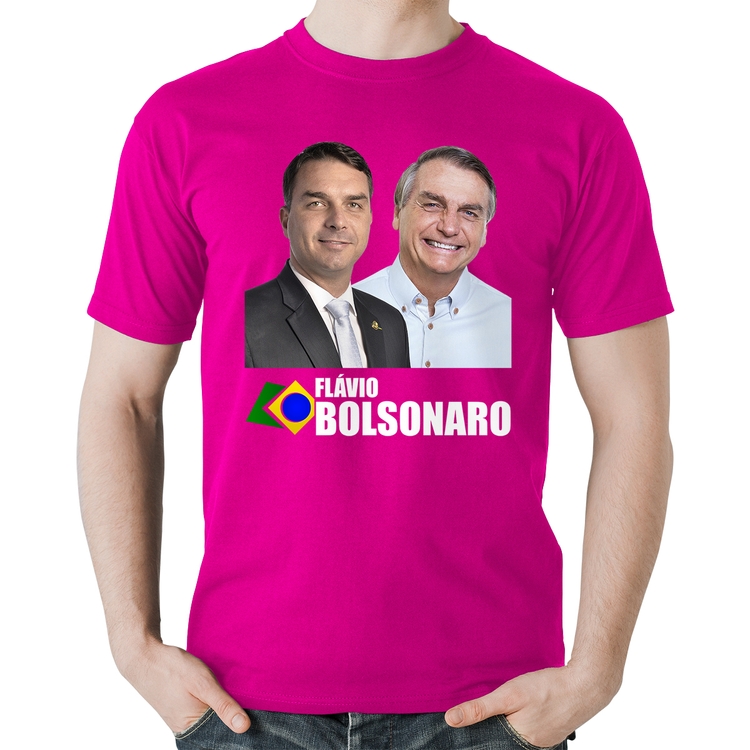 Camiseta Algodão Flávio e Jair Bolsonaro - Rosa