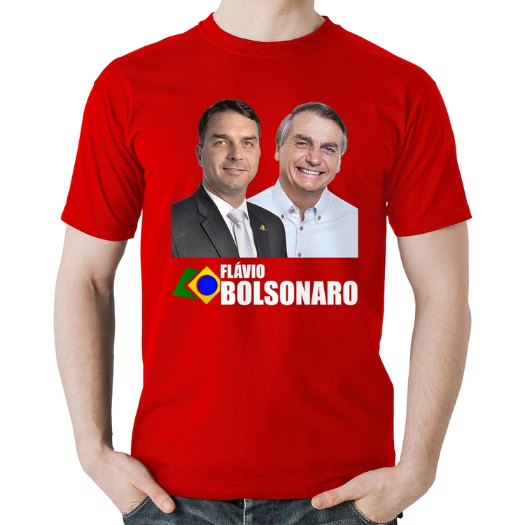 Camiseta Algodão Flávio e Jair Bolsonaro - Vermelha