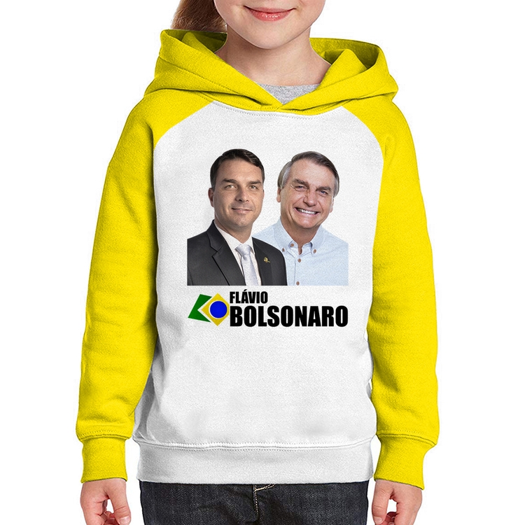 Moletom Infantil Flávio e Jair Bolsonaro - Branco/Amarelo