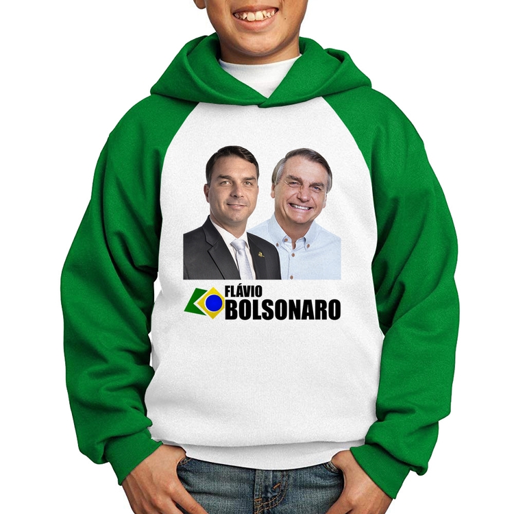 Moletom Infantil Flávio e Jair Bolsonaro - Branco/Verde