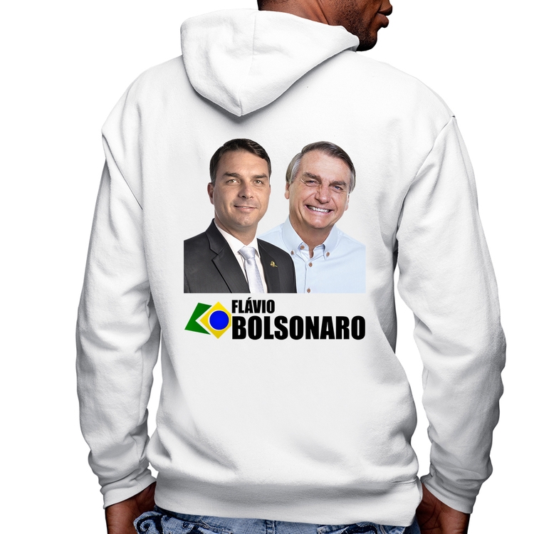 Blusa Moletom Flávio e Jair Bolsonaro Masculina com Capuz e Zíper - Branca