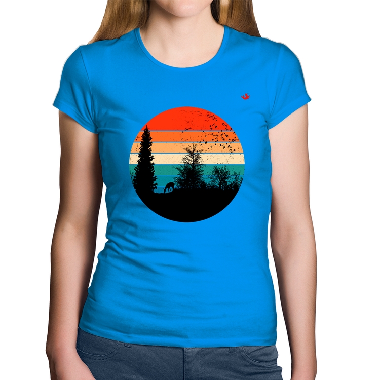 Baby Look Algodão Floresta Vintage Sunset - Azul