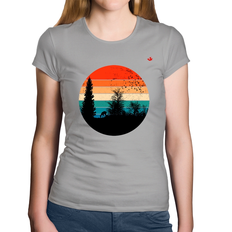 Baby Look Algodão Floresta Vintage Sunset - Cinza