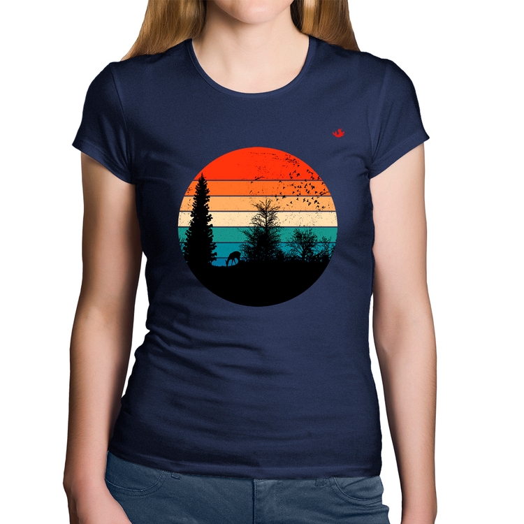 Baby Look Algodão Floresta Vintage Sunset - Marinho