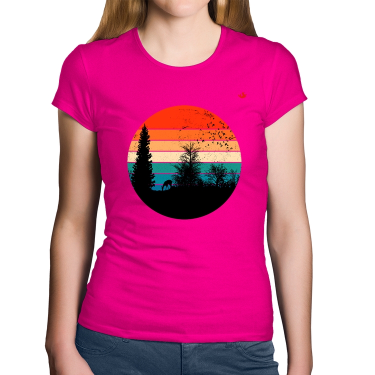 Baby Look Algodão Floresta Vintage Sunset - Rosa